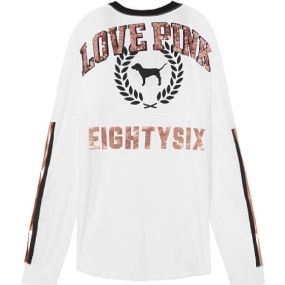 PINK VS Sequins Varsity Long Sleeve V-Neck Tee Rare NWT - Picture 3 of 8